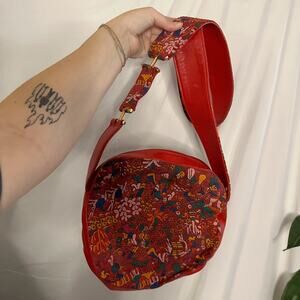 Roberto Riva Couture Vintage Floral Round Crossbody Bag Red